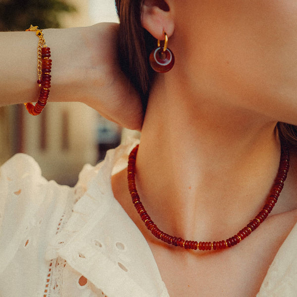 Collier, bracelet et boucles d'oreilles Blima en pierres Agate rouge - SLOYA