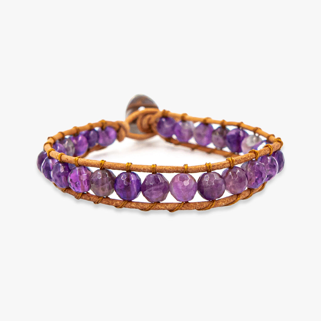 Bracelet ELDA en pierres naturelles d'améthyste violet et cuir - SLOYA