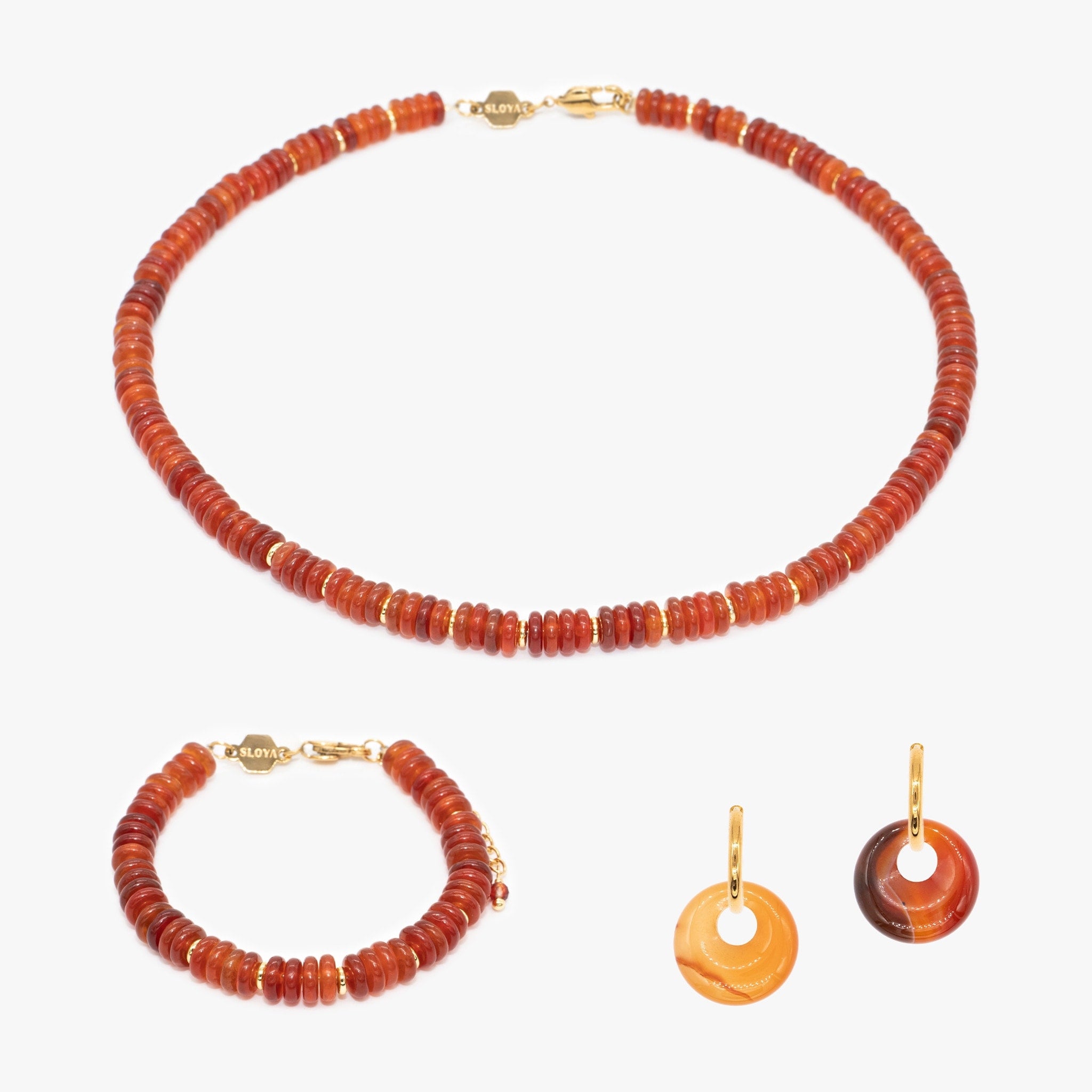 Collier, bracelet et boucles d'oreilles Blima en pierres Agate rouge - SLOYA