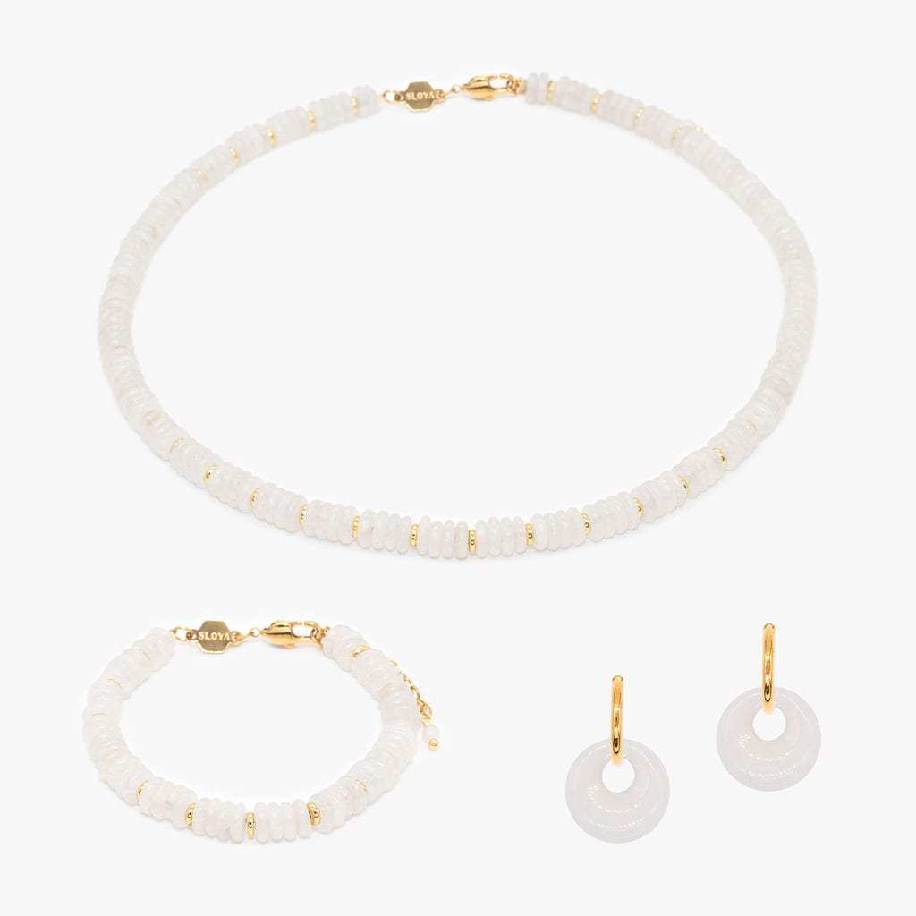 Collier, bracelet et boucles d'oreilles Blima en pierres Jade blanche - SLOYA