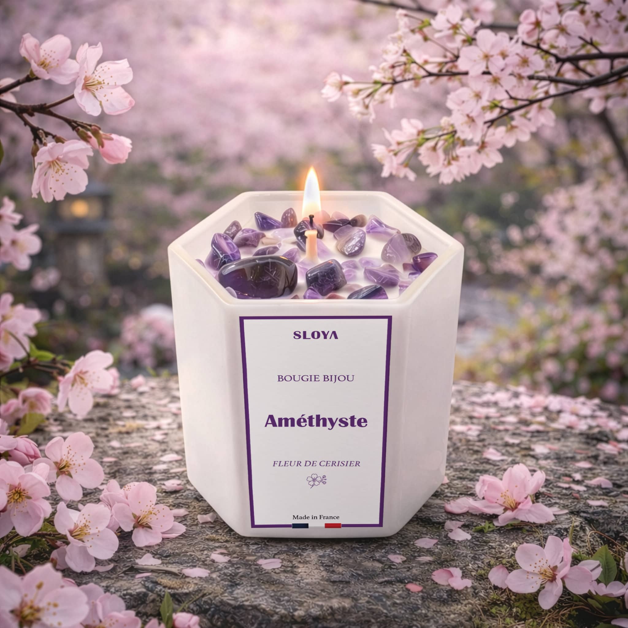 Bougie bijou pierres Améthyste - parfum Fleur de Cerisier - SLOYA
