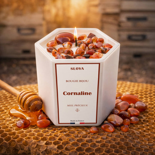 Bougie bijou pierres Cornaline - parfum Miel Précieux