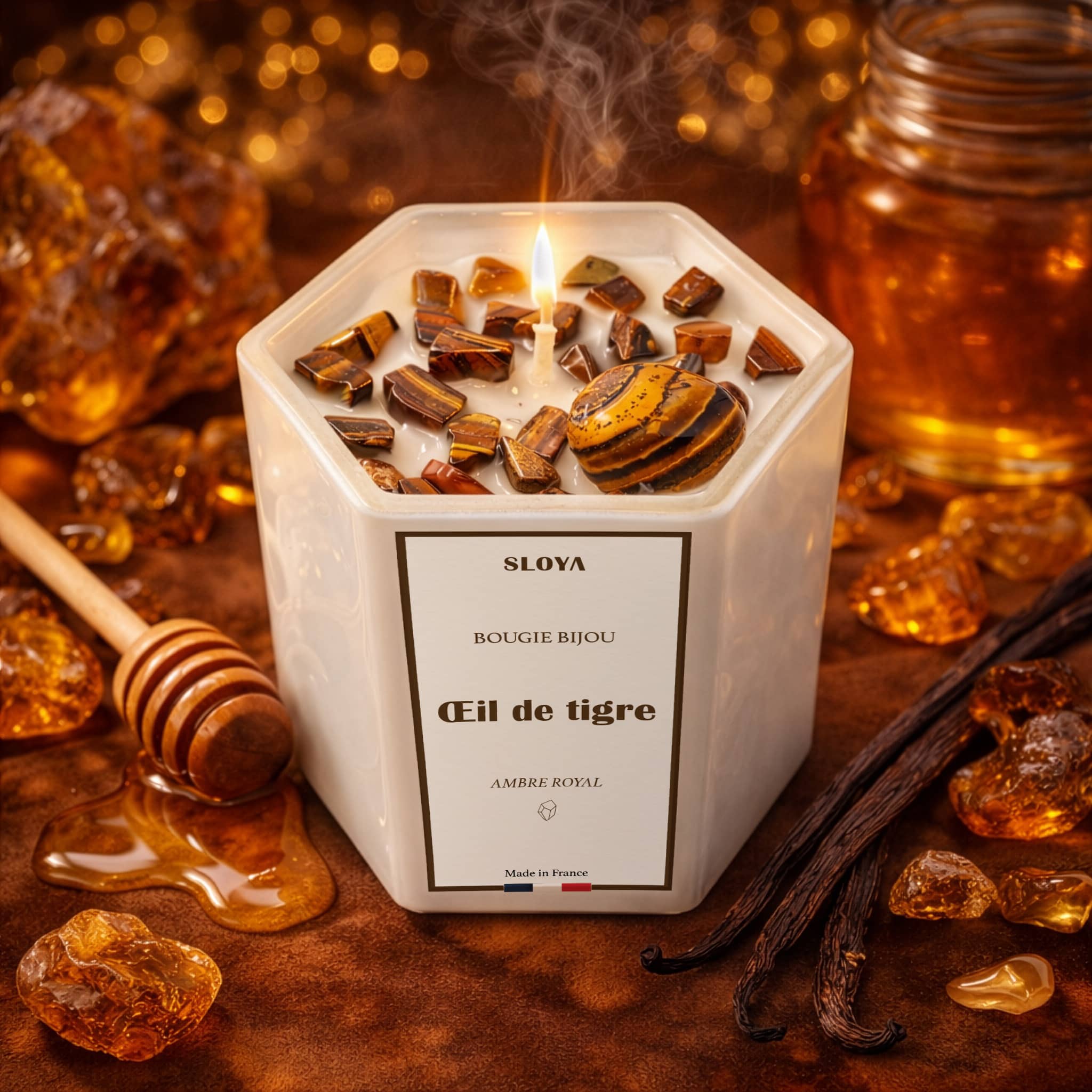 Bougie bijou pierres Oeil de Tigre - parfum Ambre Royal - SLOYA