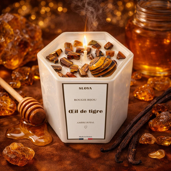 Bougie bijou pierres Oeil de Tigre - parfum Ambre Royal