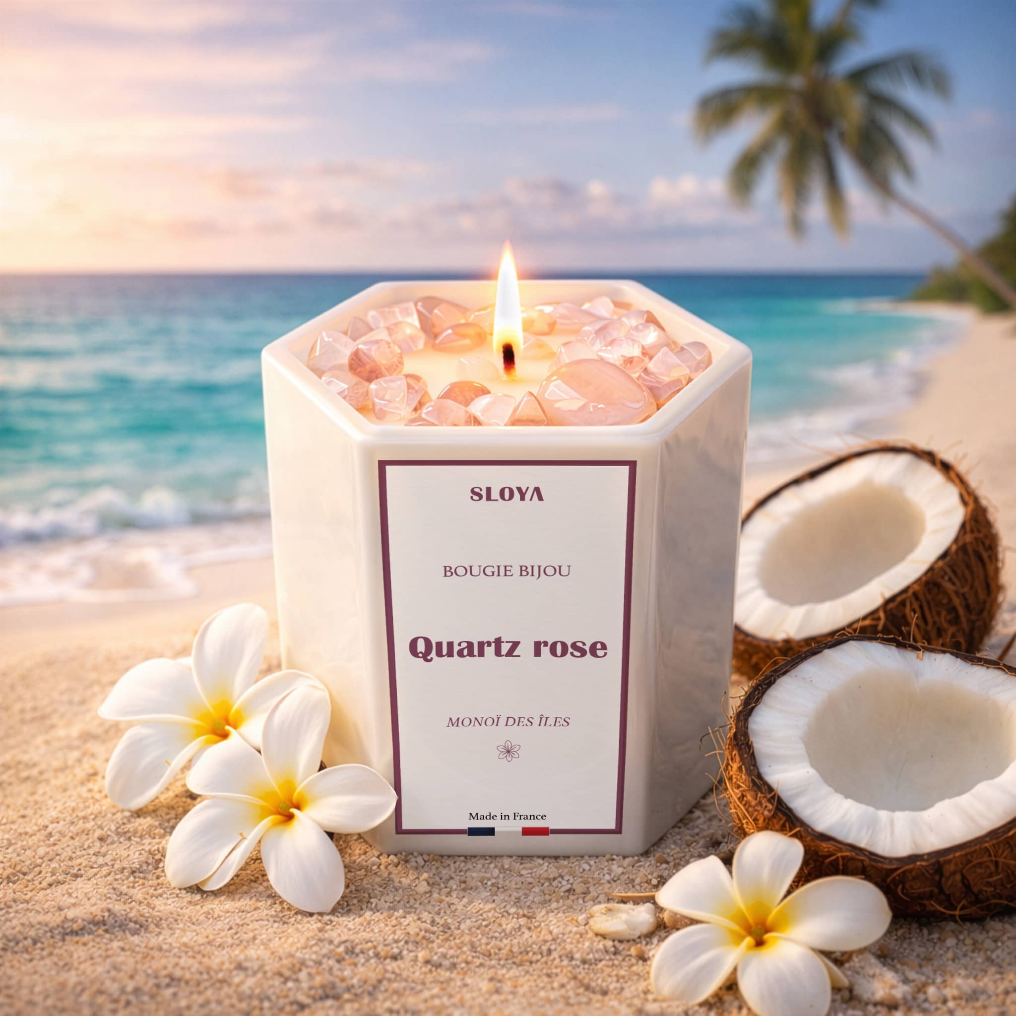 Bougie bijou pierres Quartz Rose - parfum Monoï des Îles - SLOYA