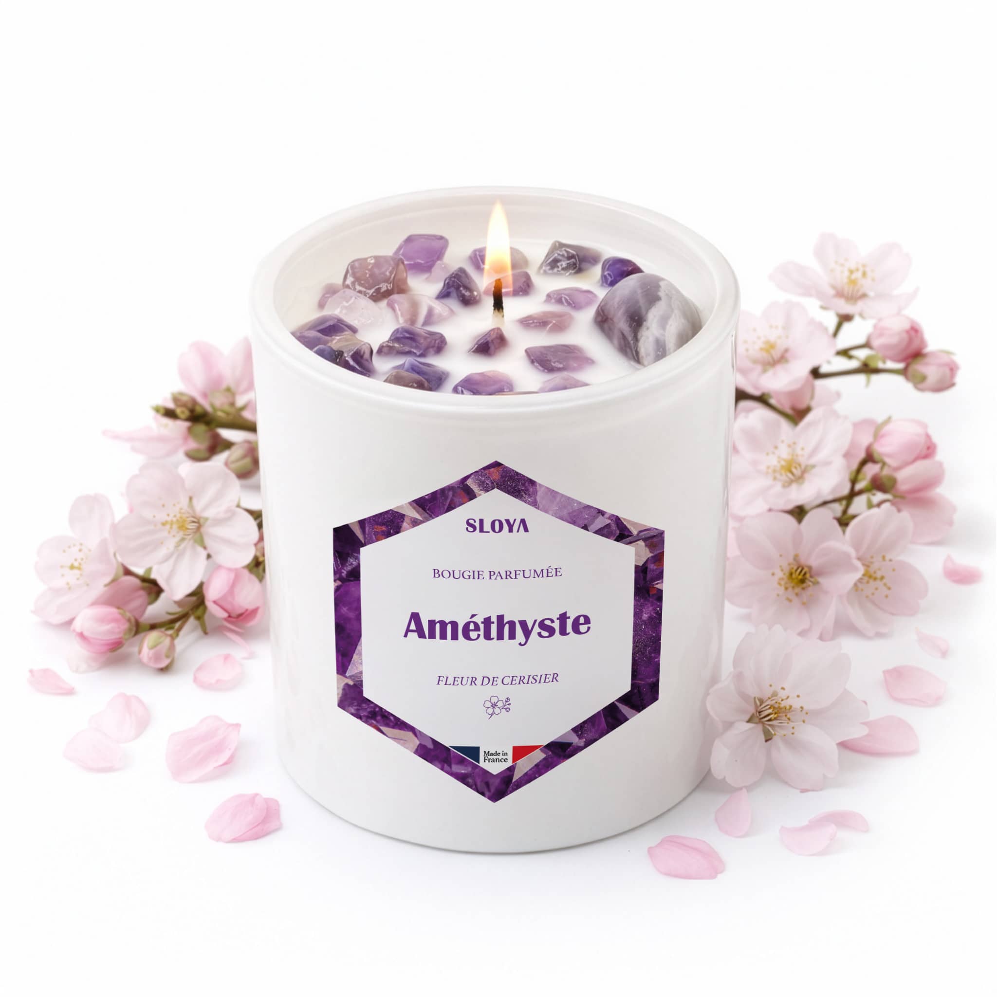 Bougie pierres Améthyste - parfum Fleur de Cerisier - SLOYA