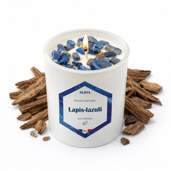 Bougie pierres Lapis-lazuli - parfum Oud Impérial - SLOYA