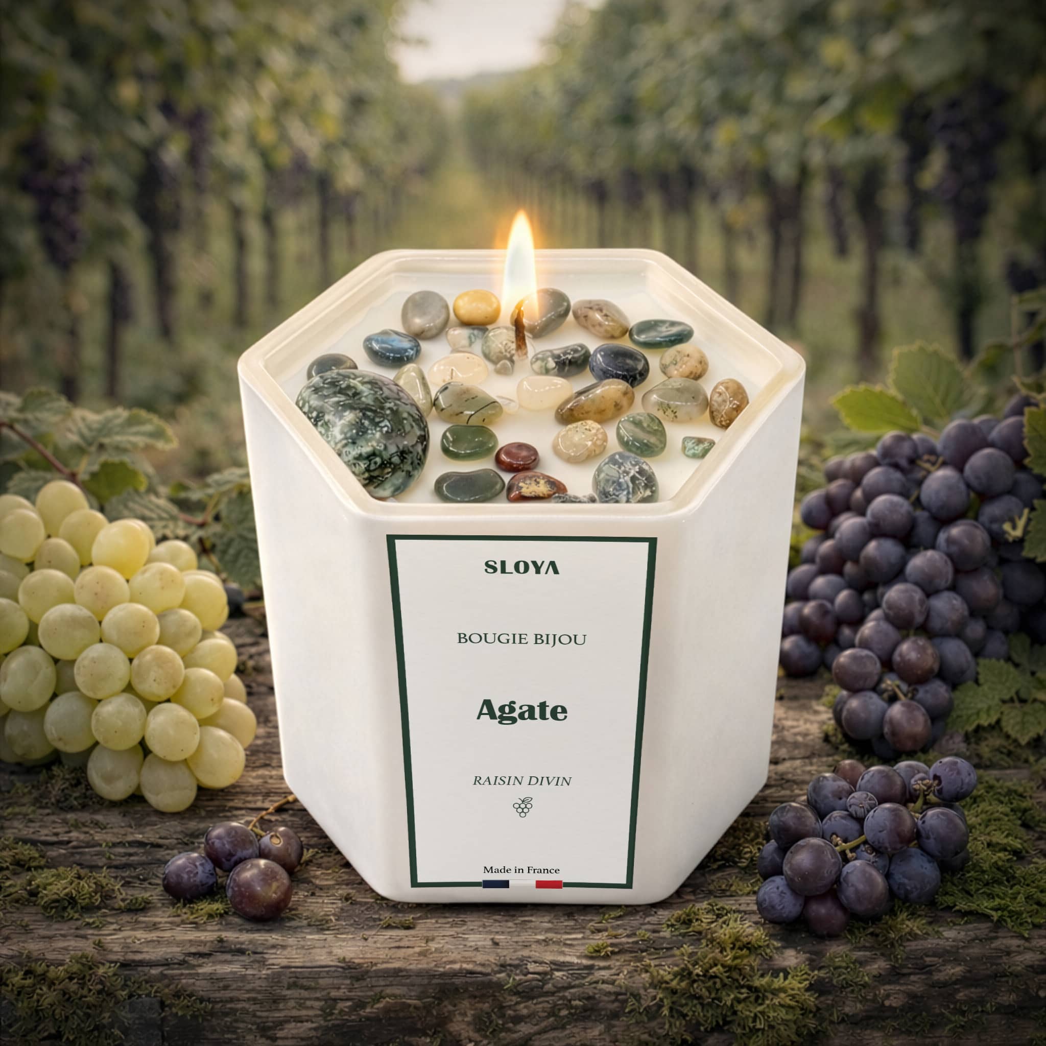 Bougie bijou pierres Agate - parfum Raisin Divin - SLOYA