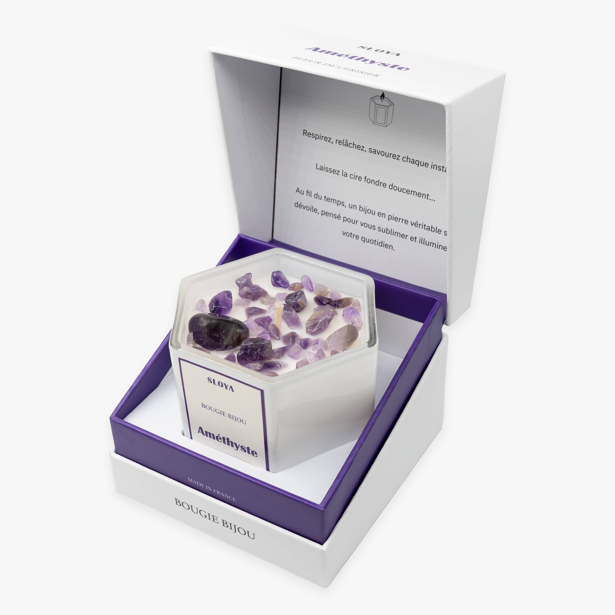 Bougie bijou pierres Améthyste - parfum Fleur de Cerisier - SLOYA