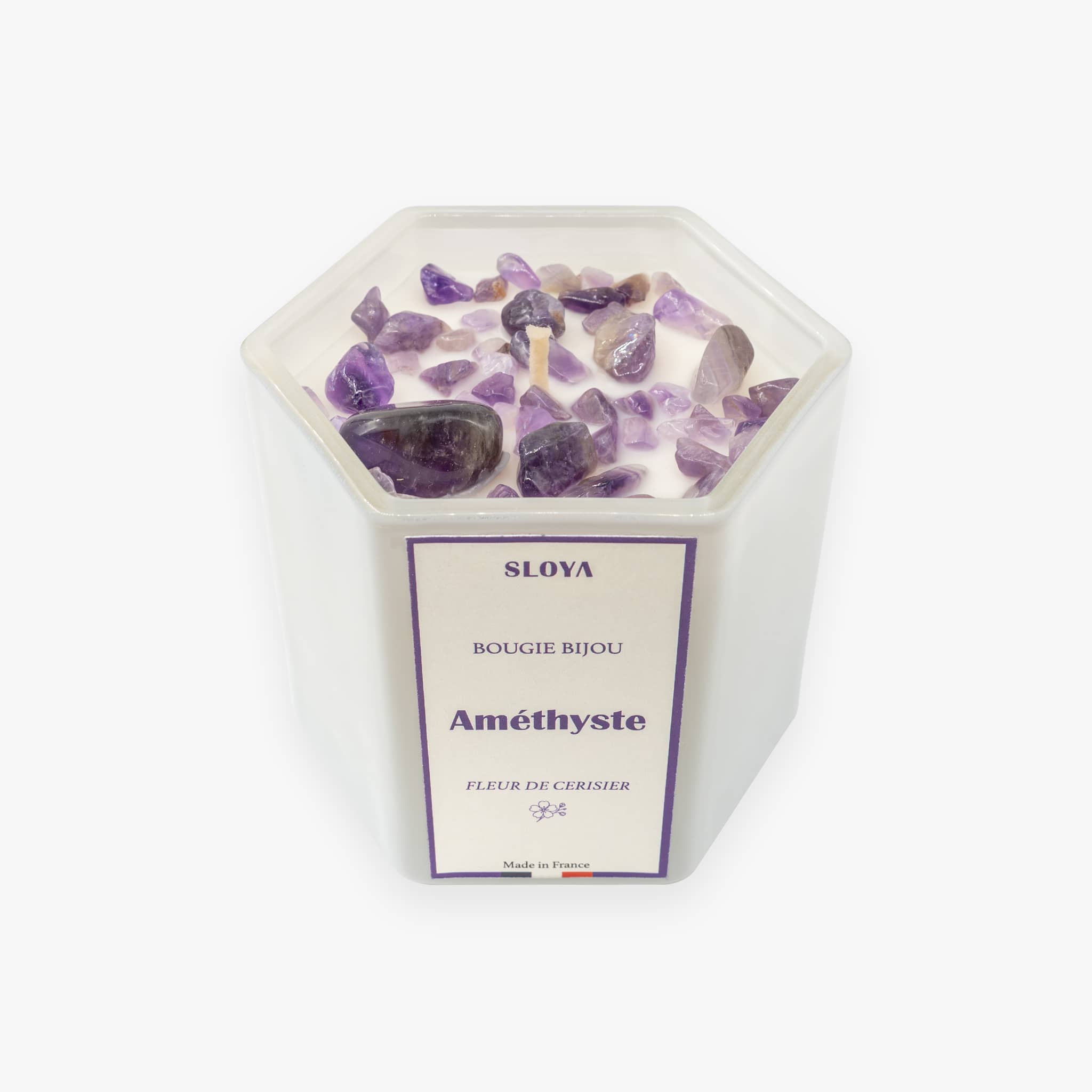 Bougie bijou pierres Améthyste - parfum Fleur de Cerisier - SLOYA