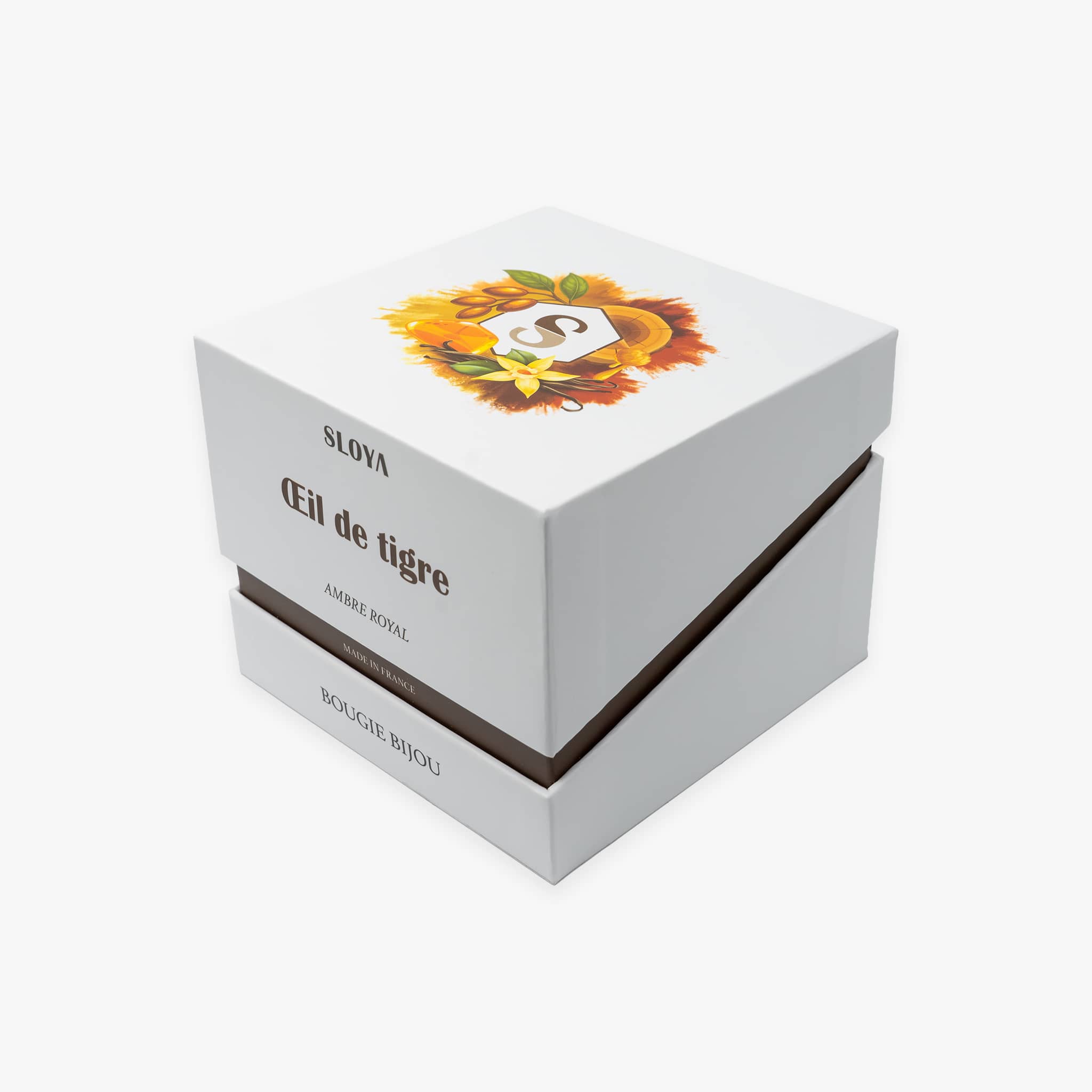 Bougie bijou pierres Oeil de Tigre - parfum Ambre Royal - SLOYA