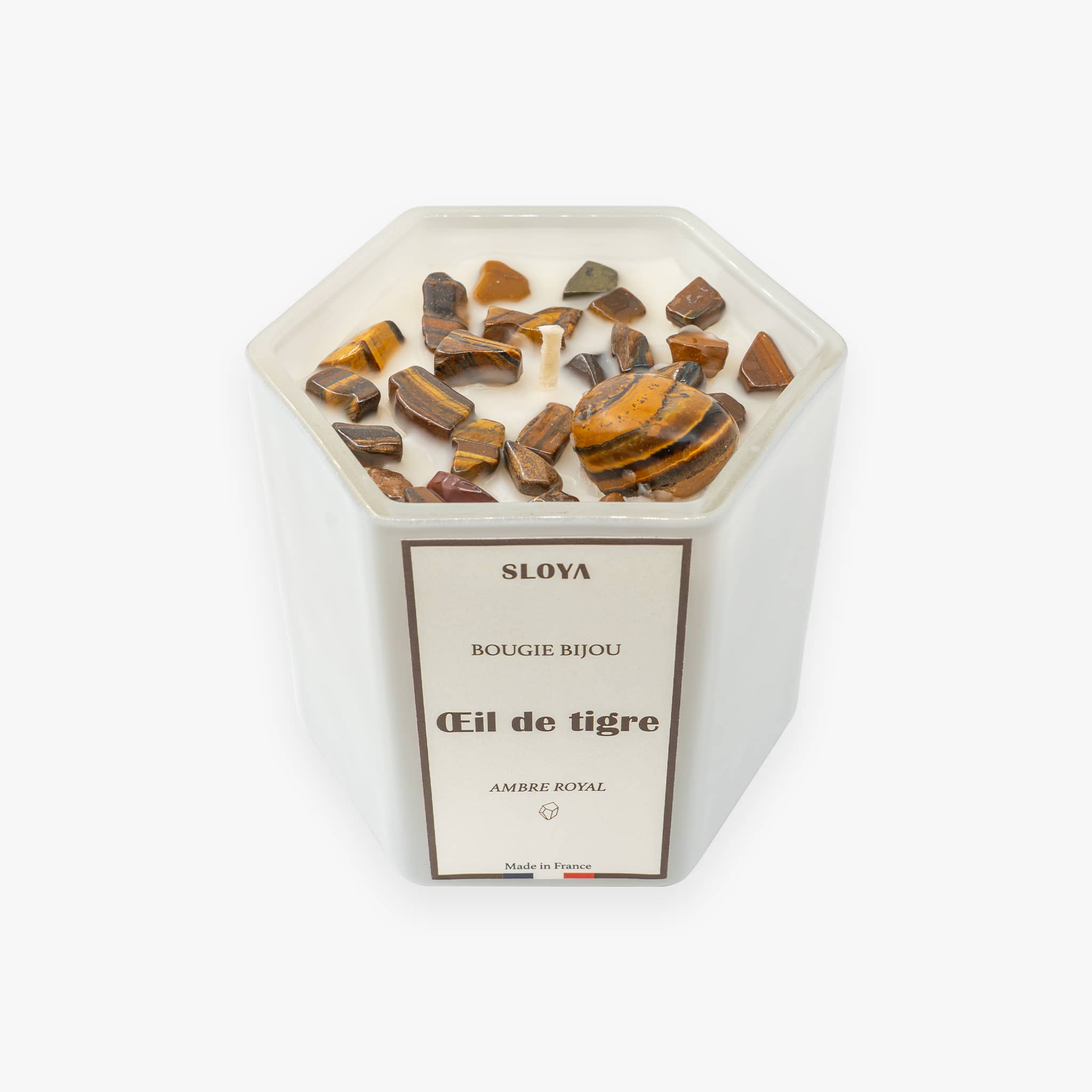 Bougie bijou pierres Oeil de Tigre - parfum Ambre Royal - SLOYA