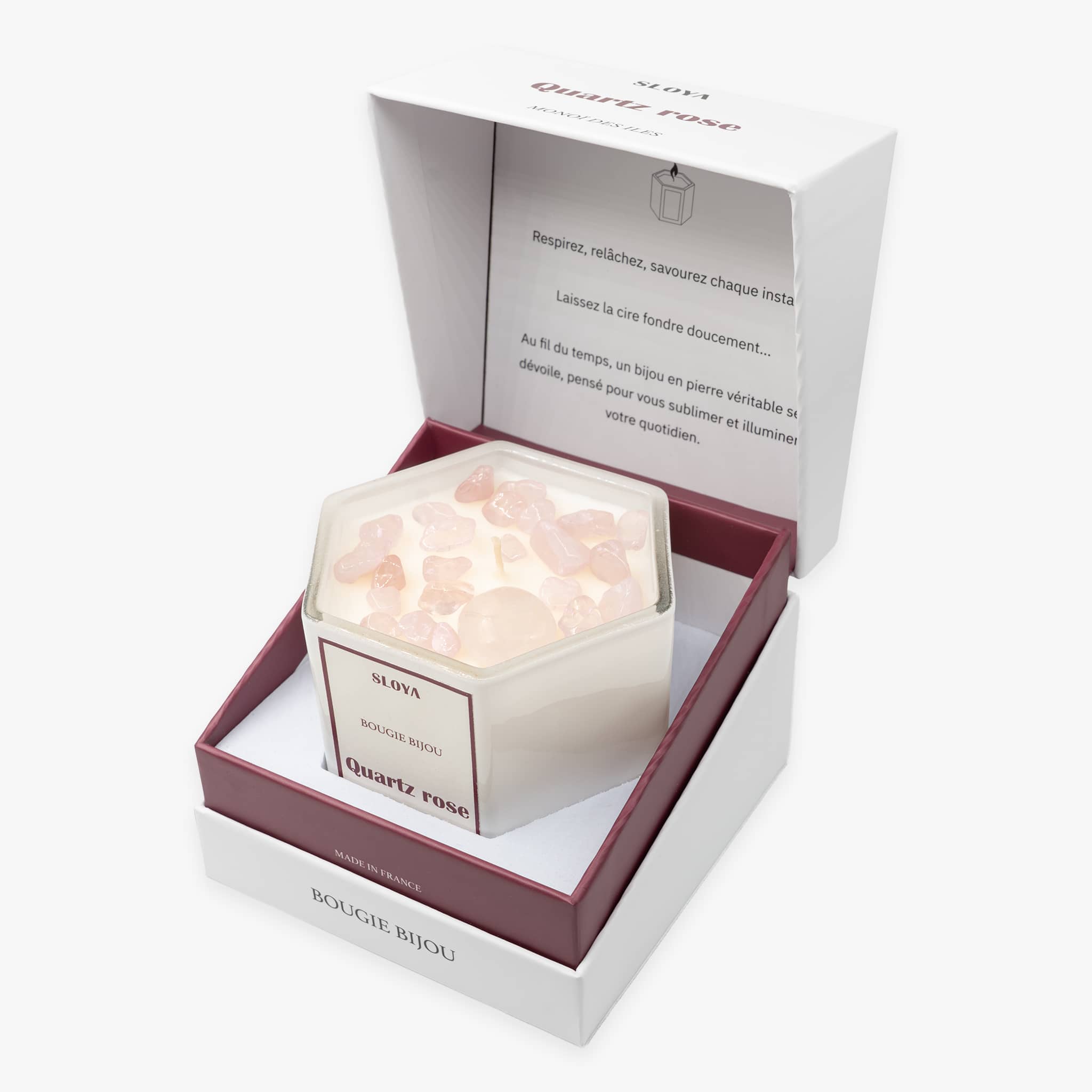 Bougie bijou pierres Quartz Rose - parfum Monoï des Îles - SLOYA