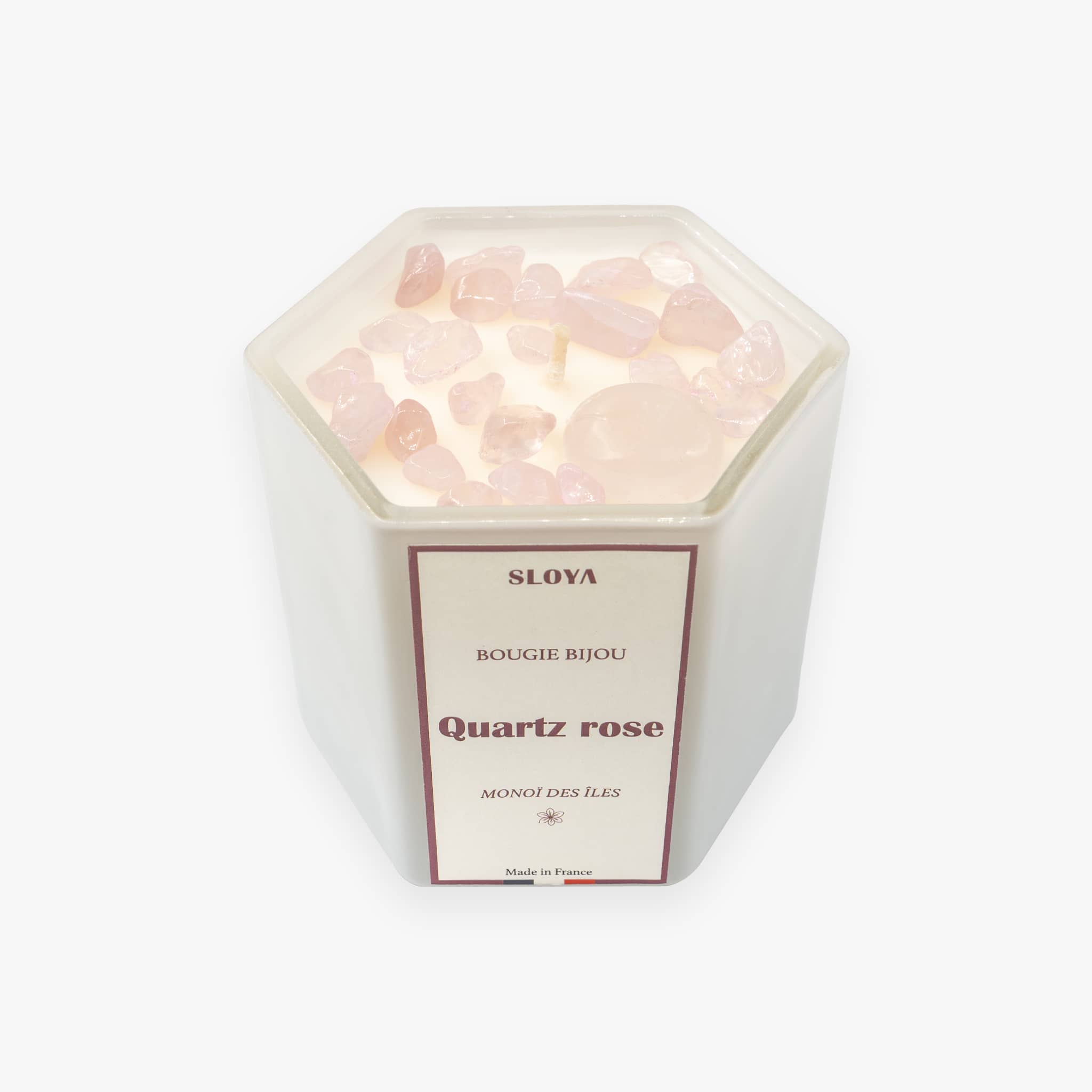 Bougie bijou pierres Quartz Rose - parfum Monoï des Îles - SLOYA