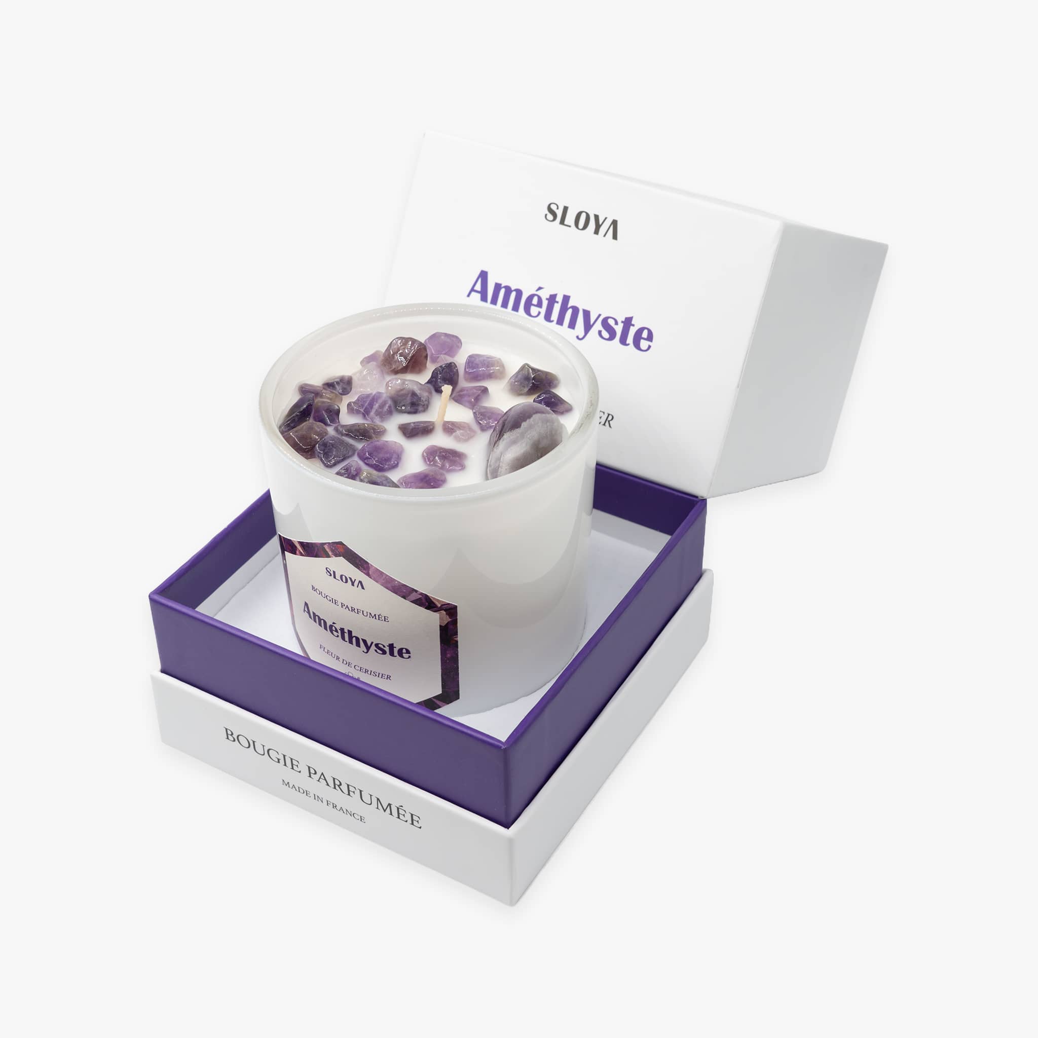 Bougie pierres Améthyste - parfum Fleur de Cerisier - SLOYA