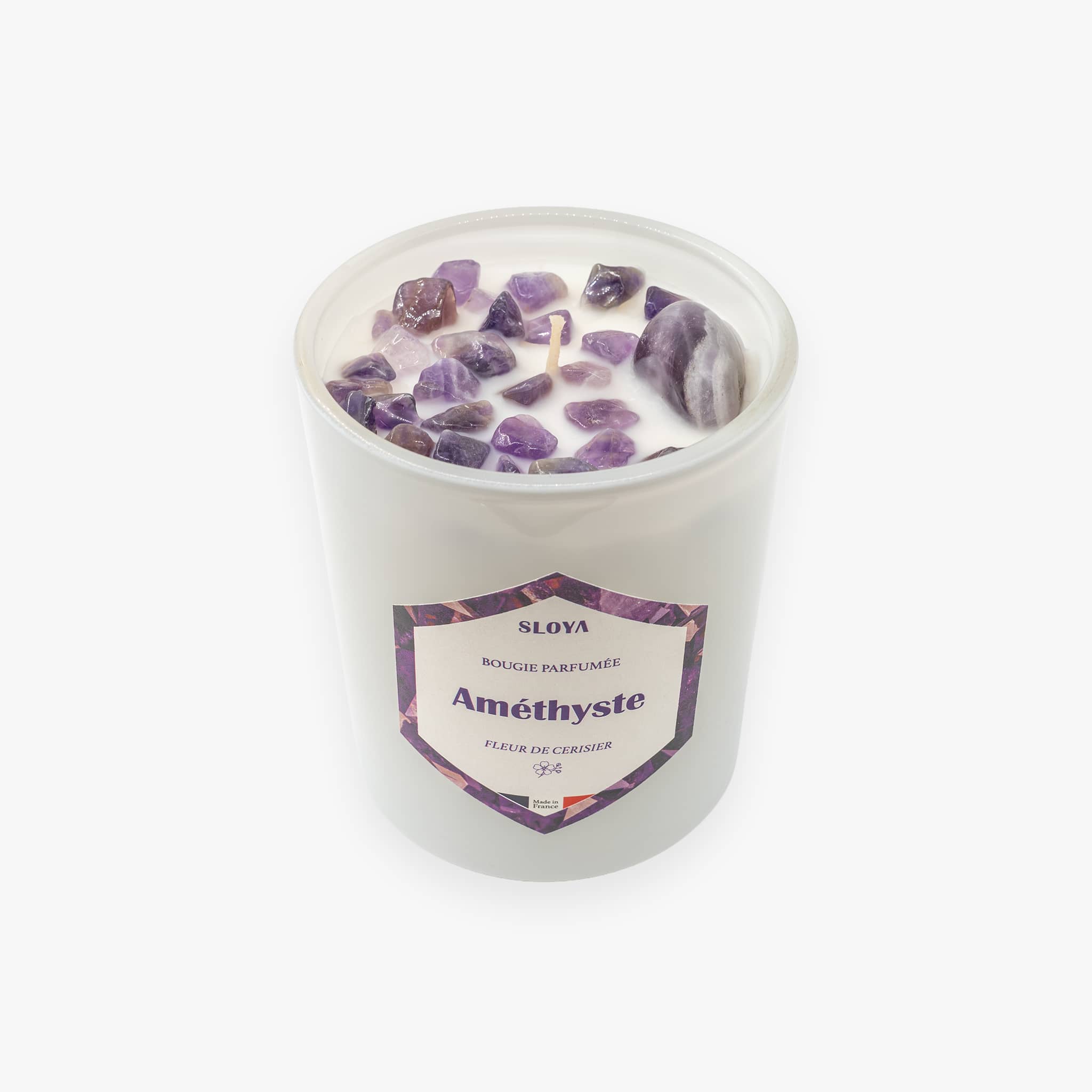 Bougie pierres Améthyste - parfum Fleur de Cerisier - SLOYA