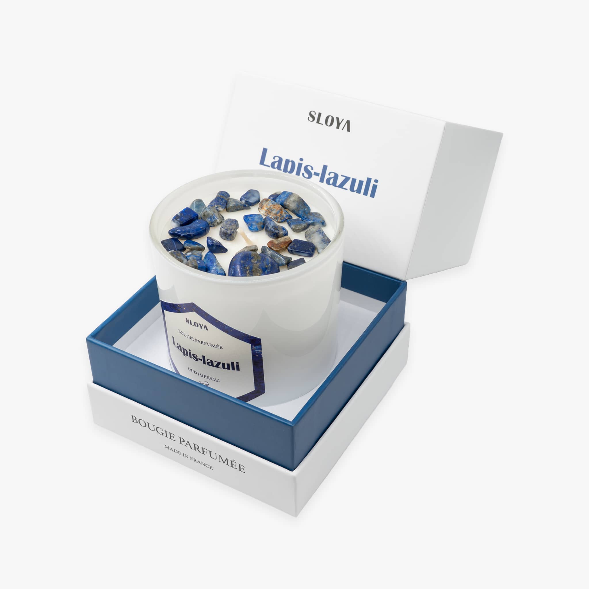 Bougie pierres Lapis-lazuli - parfum Oud Impérial - SLOYA