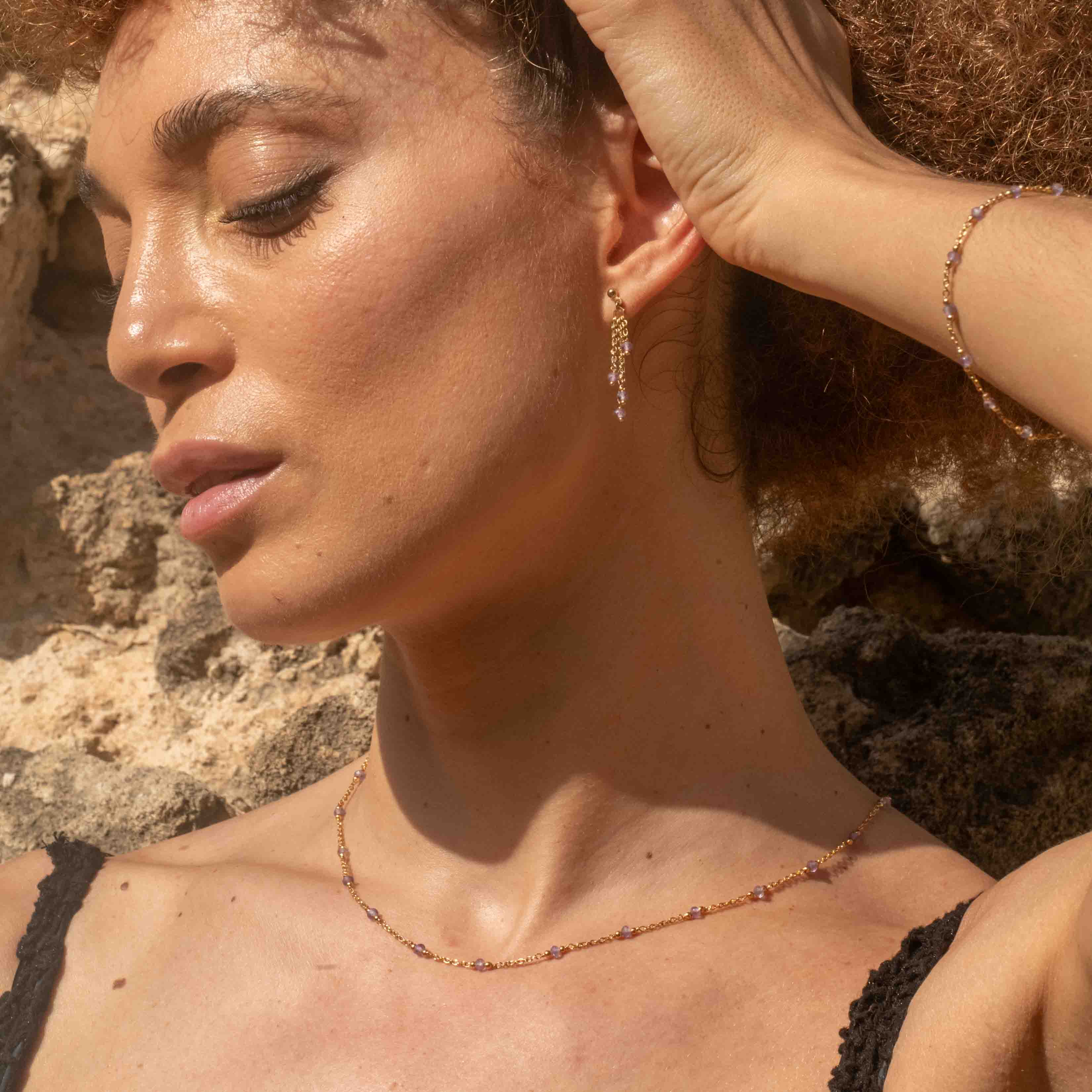 Collier, bracelet et boucles d'oreilles Elyssa en pierres Améthyste - SLOYA