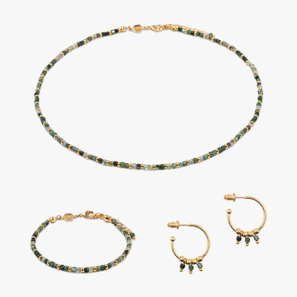 Collier, bracelet et boucles d'oreilles Karia en pierres Agate mousse - SLOYA