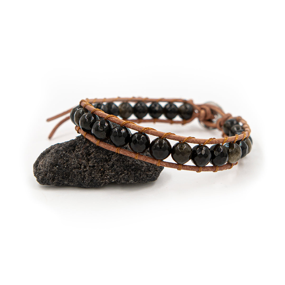 Obsidienne brut et bracelet OLIS en pierres naturelles obsidienne et cuir - SLOYA