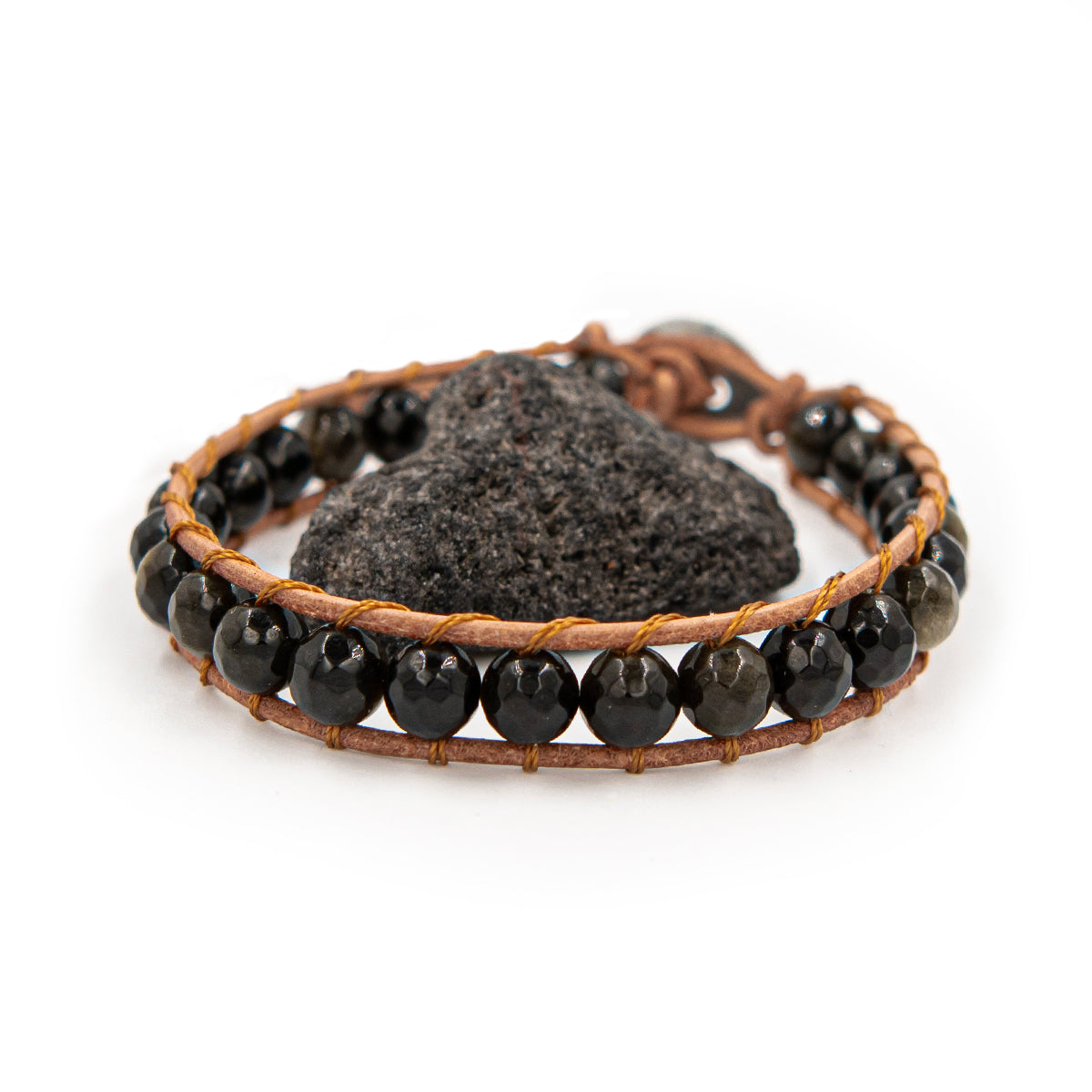 Obsidienne brut et bracelet OLIS en pierres naturelles obsidienne et cuir - SLOYA