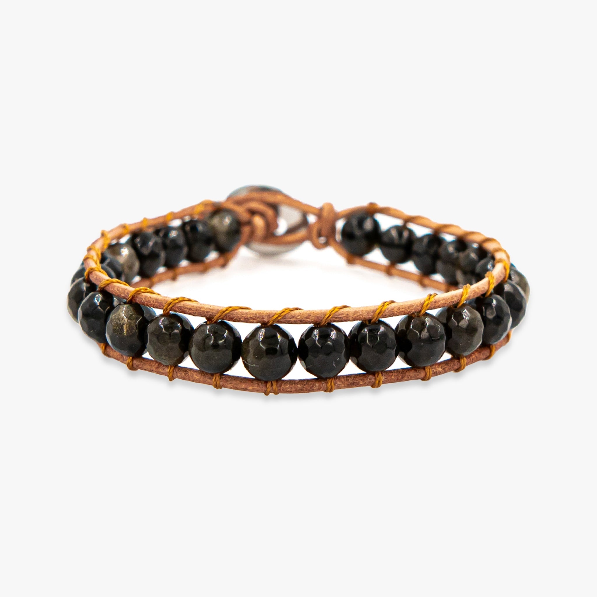 Bracelet OLIS en pierres naturelles obsidienne et cuir - SLOYA