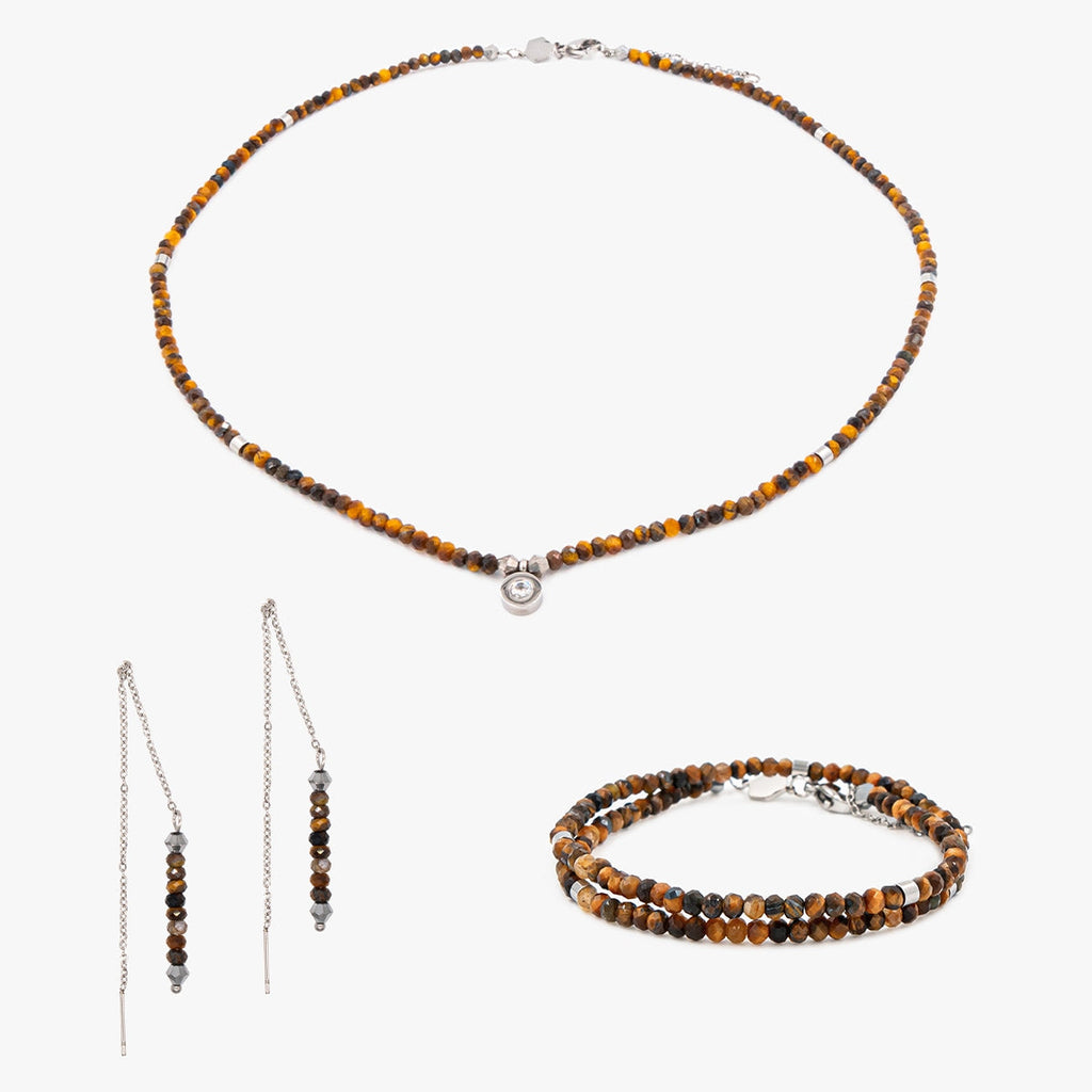 Collier bracelet et boucles d'oreilles LUMIA en pierres Oeil de Tigre - SLOYA