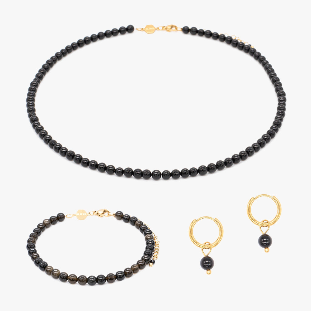 Collier, bracelet et boucles d'oreilles Serena en pierres Obsidienne - SLOYA