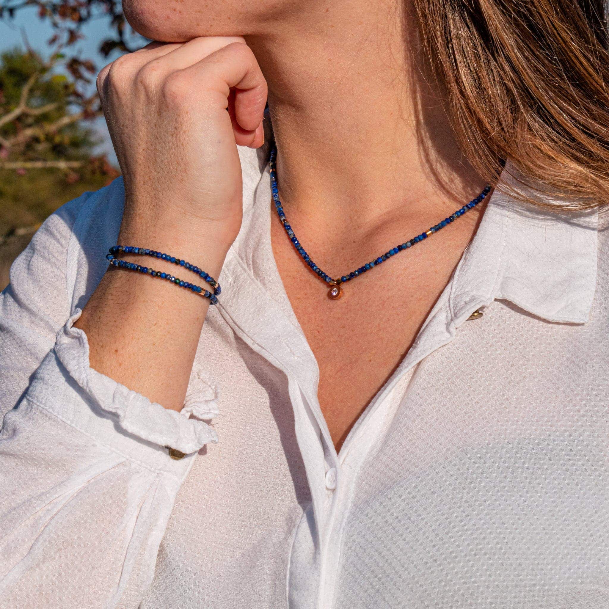Collier Infini Avec Perles En Lapis Lazuli Naturel - Acier Inoxydable - Neuf Sans Boîte